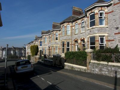 A quiet street when first arriving in Plymouth, UK.  It was stange that nobody was on the streets.  When getting to the hotel, there wasn't anyone there either, had to find the key in the mailbox.