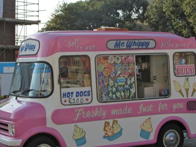 Ice cream and hot dog truck.  Double products, double meanings.