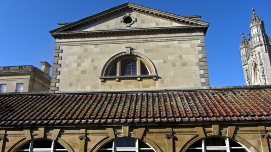 Back side of the entry building to the baths