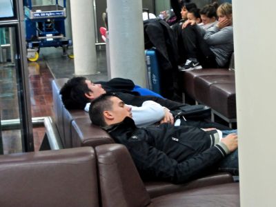 Everyone was tired in the waiting room after getting through security