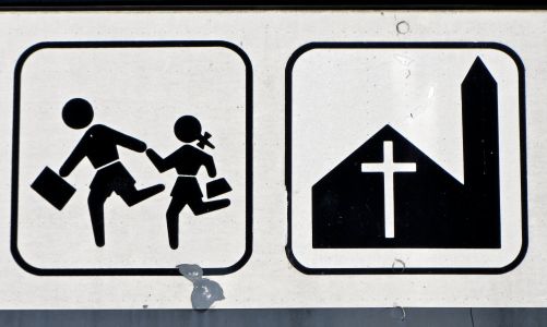 children running from church?